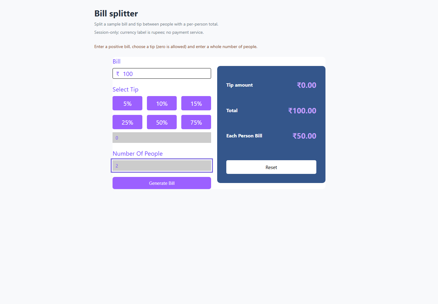Bill splitter running preview
