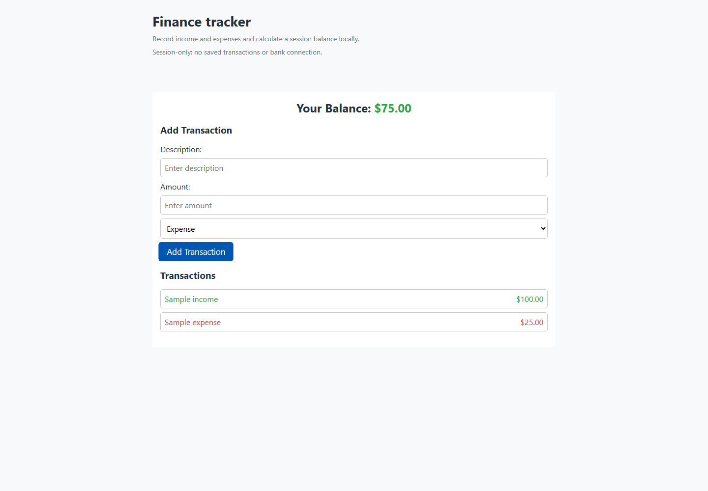 Finance tracker running preview