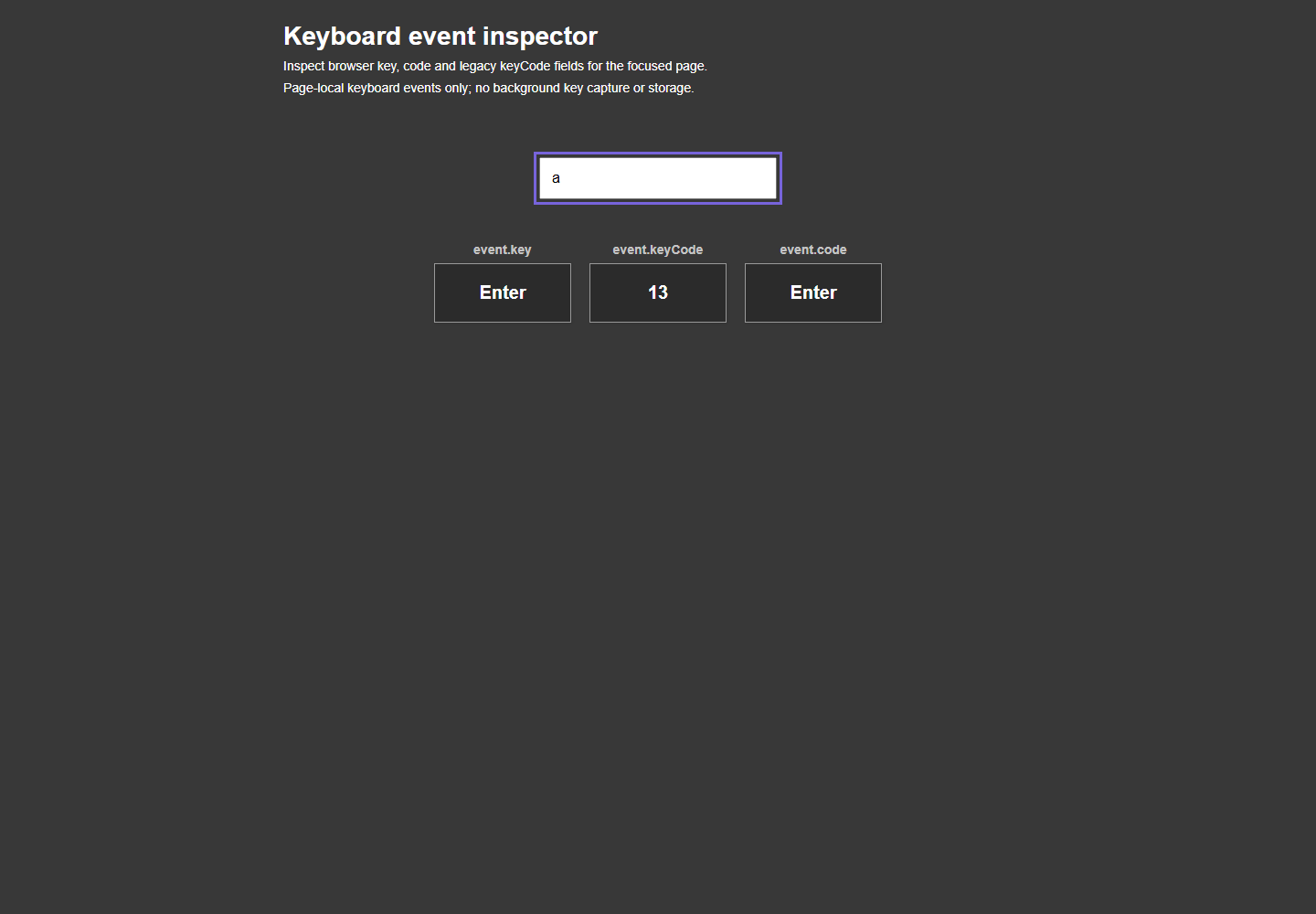 Keyboard event inspector running preview