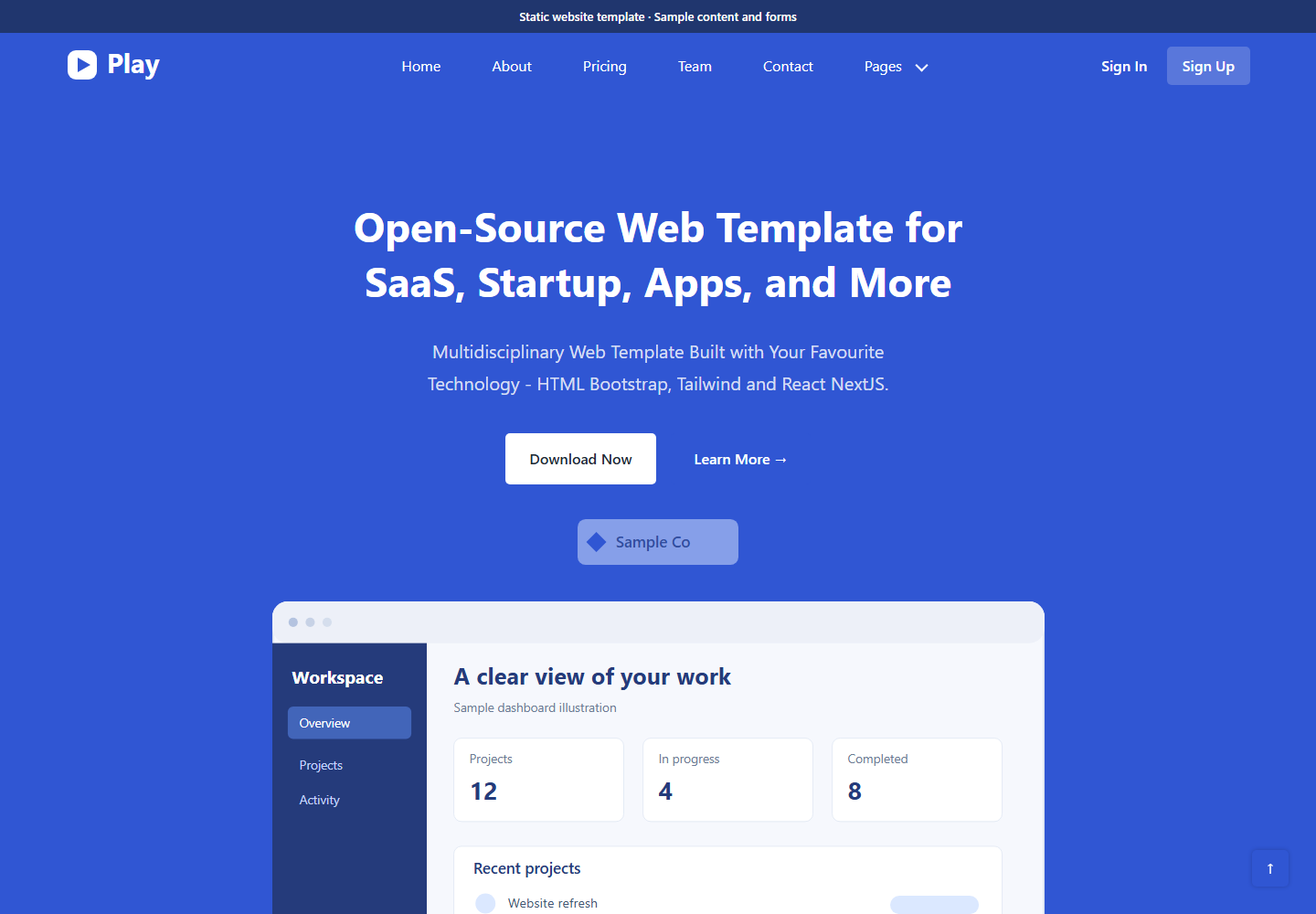 Play startup website running preview